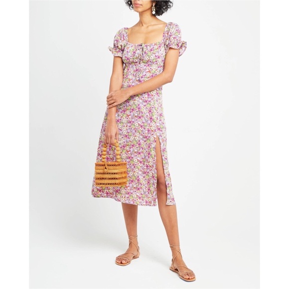 O.P.T. One Pretty Time Go On A Date Floral Smocked Midi Dress Puff Sleeve M - Picture 2 of 9